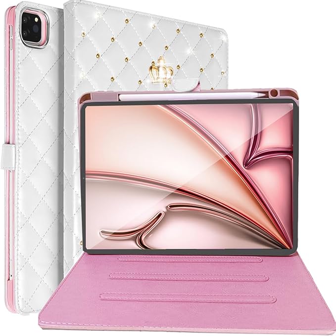 for iPad Air 11 Inch Case M4 (2026)/M3 (2025)/M2 (2024) iPad Air 5th/4th Gen 10.9 (2022/2020) with Pencil HolderGirly Cute Crown Diamond Elegant Auto Sleep/Wake Stand Protective CaseWhite