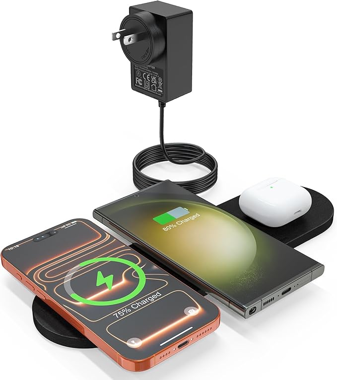 ZealSound Wireless Charging PadTriple Wireless Charger Pad Multiple Devices Compatible with iPhone Phone New AirPods Galaxy Buds Ultra-Slim PU Leather Wireless Charging Mat for Smartphone Phone Black
