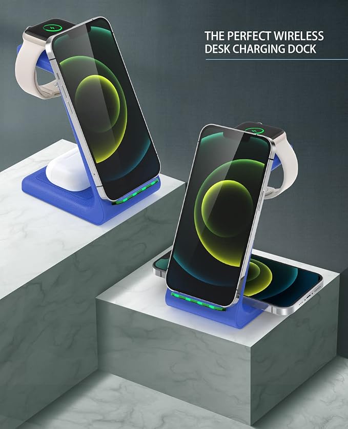 3 in 1 Wireless Charging Station 2026 Upgraded Fast Desk Charger Station for iPhone 17 16 15 14 13 12 Pro Max Plus Charger Stand for Apple Watch 10 9 8 7 6 5 4 3 2 SE Airpods 4 3 2 Pro(Blue)
