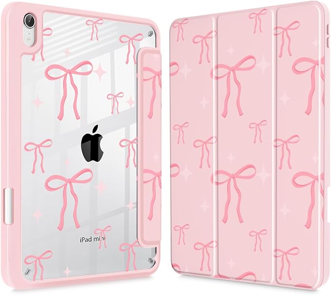 May Chen Slim Case for iPad mini 7 (A17 Pro 7th Generation) 2024 / iPad mini 6 (6th Gen) 8.3 Inch [Built-in Pencil Holder] Shockproof Cover Clear Clear Back Shell Auto Wake/Sleep Pink Bows P721