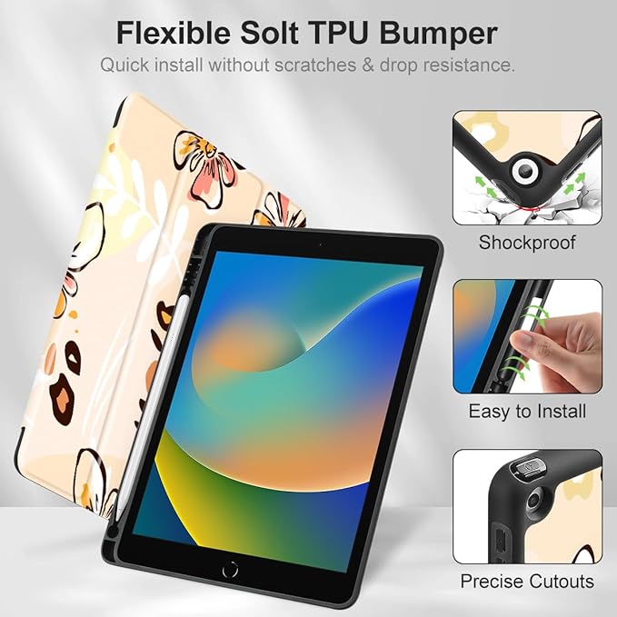 Mektron Designed Printed iPad 10.2 Case 9th Gen (2021)/ 8th Gen (2020)/ 7th Gen (2019) with Pencil Holder Slim Protective Case with Soft TPU Back for iPad 10.2 Inch Abstract Floral C347