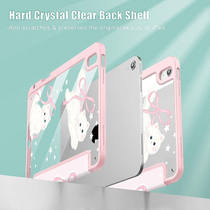 May Chen for iPad Air 11-inch M4/M3/M2 (2026/2025/2024) iPad Air 5th/4th 10.9 Inch - Shockproof Cover with Clear Back Shell &amp Penceil Holder Auto Wake/Sleep Stand Cover Bowknot Kitten