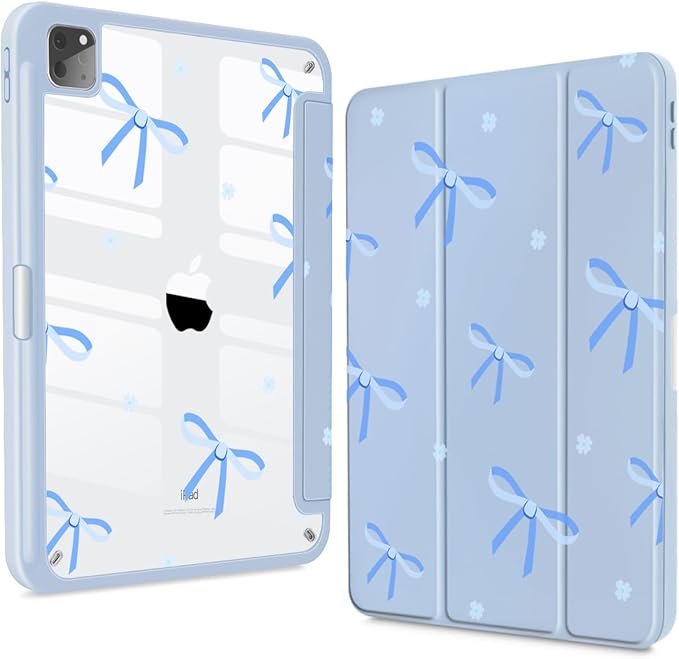 Teryeefi for iPad Air 11-Inch Case M4 M3 M2 (2026 2025 2024) iPad Air 4th/5th Generation iPad Pro 11 in 4th/3rd/2nd/1st Generation - Clear Back Cover with Pencil Holder Auto Wake/Sleep-Blue Bows