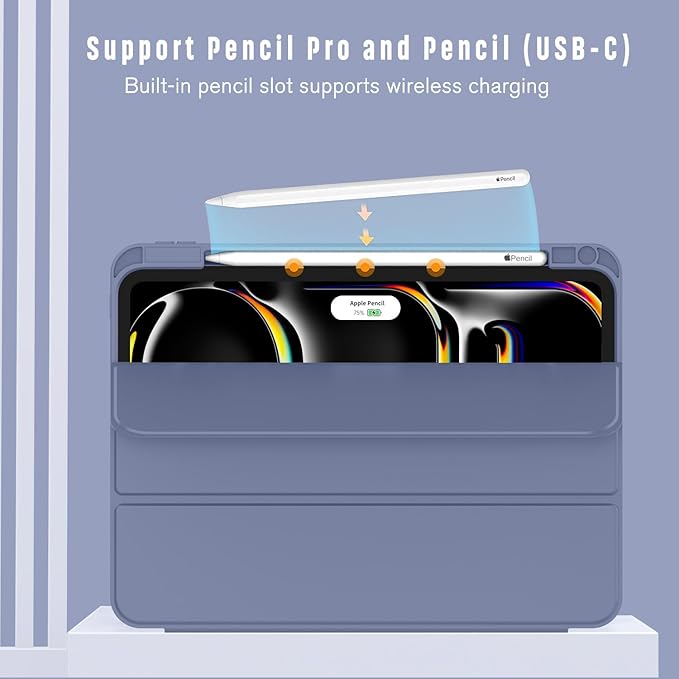 ZryXal iPad Pro 11 Inch Case (M5) 2025/ (M4) 2024 (Model: A2836/A2837/A3006) Trifold Stand Smart Cover with Pencil Holder and Soft TPU Back Auto Wake/Sleep (Lavender)