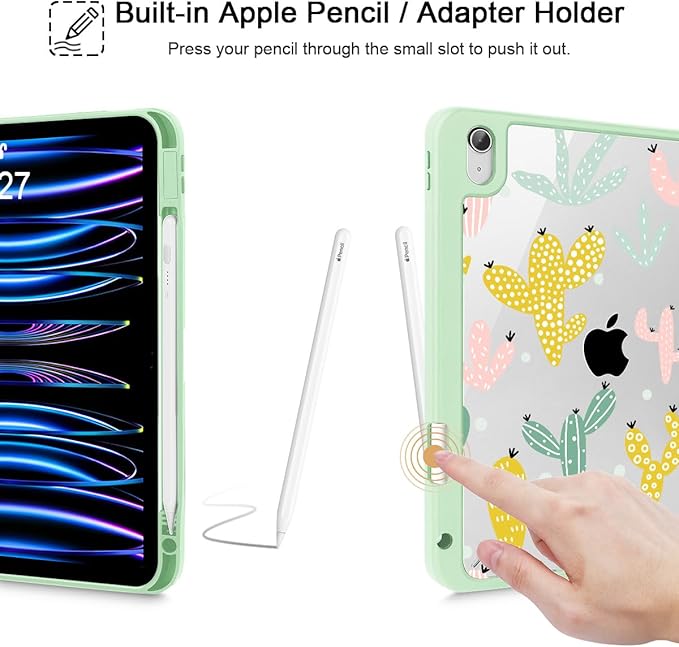 Case for iPad 11 inch A16 2025 Generation 11th / iPad 10.9 inch 2022 10th Gen Buit in Pencil Holder with Shockproof Cover Clear Transparent Back Shell Auto Wake/Sleep Cute Cacti-Green