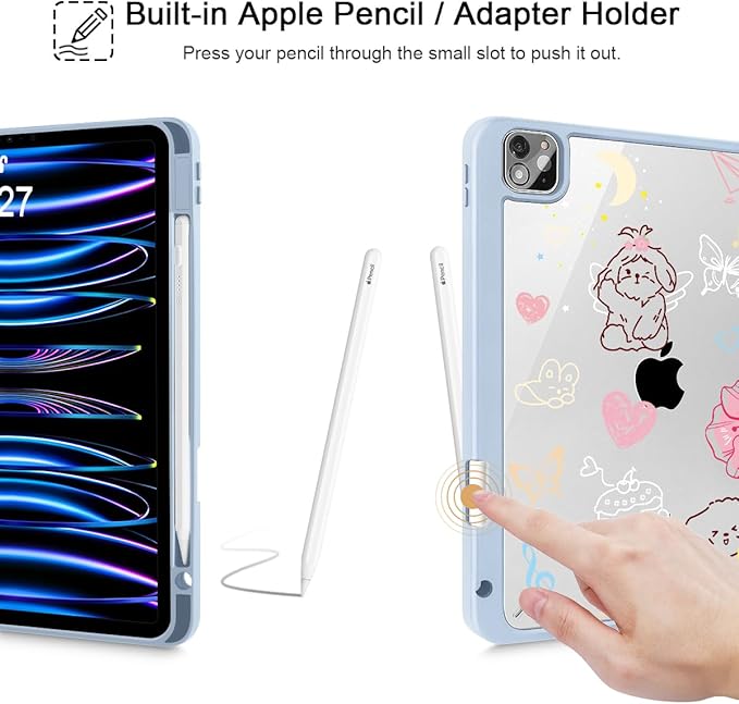 May Chen for iPad Pro 11 inch M2 4th Generation 2022 iPad Pro 11 3rd/2nd/1st Gen Case with Transparent Shockproof Back Cover [Built-in Pencil Holder Auto Sleep/Wake Blue Flower Dog
