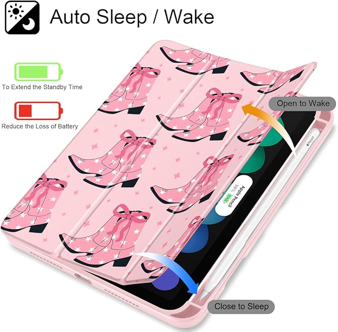 May Chen Slim Case for iPad mini 7 (A17 Pro 7th Generation) 2024 / iPad mini 6 (6th Gen) 8.3 Inch [Built-in Pencil Holder] Shockproof Cover Clear Clear Back Shell Auto Wake/Sleep Pink Boots Bows