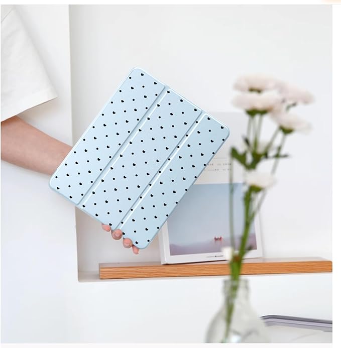 Cute Heart Polka Dot for iPad Pro 12.9 Inch Case 5th/6th Generation 2022/2021/2020 with Pencil Holder Auto Sleep/Wake Blue Leather Clear Acrylic Back Cover