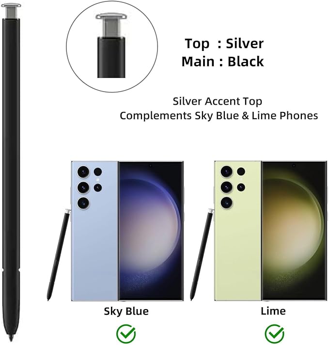 S Pen S23 Ultra (withBluetooth) Replacement for Samsung Galaxy S23 Ultra Stylus Pen (4096 Pressure Levels) + Replacement Tips/Nibs Silver Top Matches Sky Blue &amp Lime Phones (Silver)