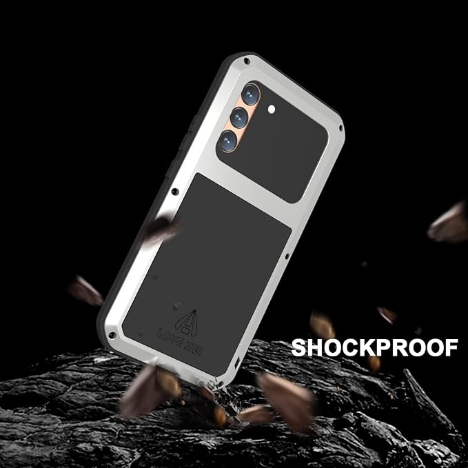 LOVE MEI Military Rugged Case for Samsung Galaxy S22 Plus5G with Tempered Glass Screen Protector Shockproof DustproofHybrid Metal and Silicone Gel Heavy Duty Full Body Cover for S22 Plus Silver