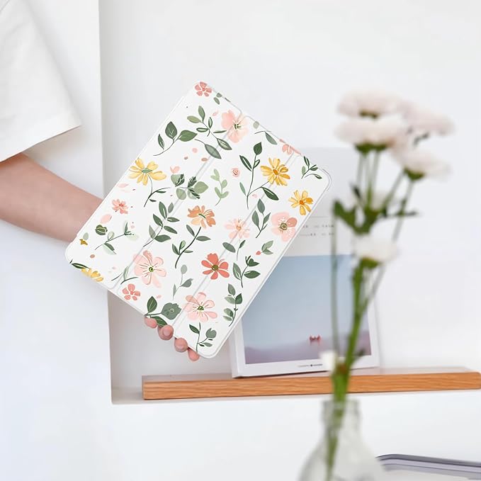 Cute Floral Leaves for iPad Air 11 Inch Case 7th/6th Generation (M3/M2) 2025 2024 with Pencil Holder Auto Sleep/Wake Leather Soft TPU Back Cover
