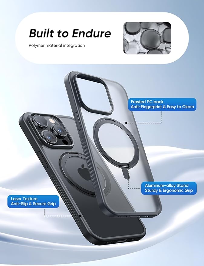 MAGIC JOHN 360° Rotatable Magnetic Invisible Stand for iPhone 14 Pro Max Case [Anti-Slip Grip] [Compatible with MagSafe] 16FT Shockproof for iPhone 14 Pro Max Case with Kickstand Black