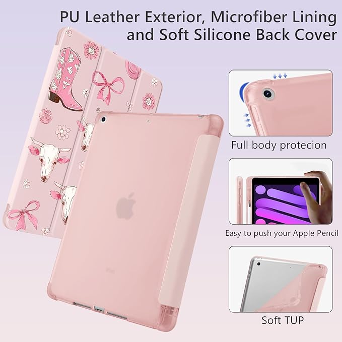 Cute Western Cowgirl Bow for iPad mini 7 A17 Pro 2024/iPad Mini 6 Case with Pencil Holder Auto Sleep/Wake Pink Leather Soft TPU Back Cover