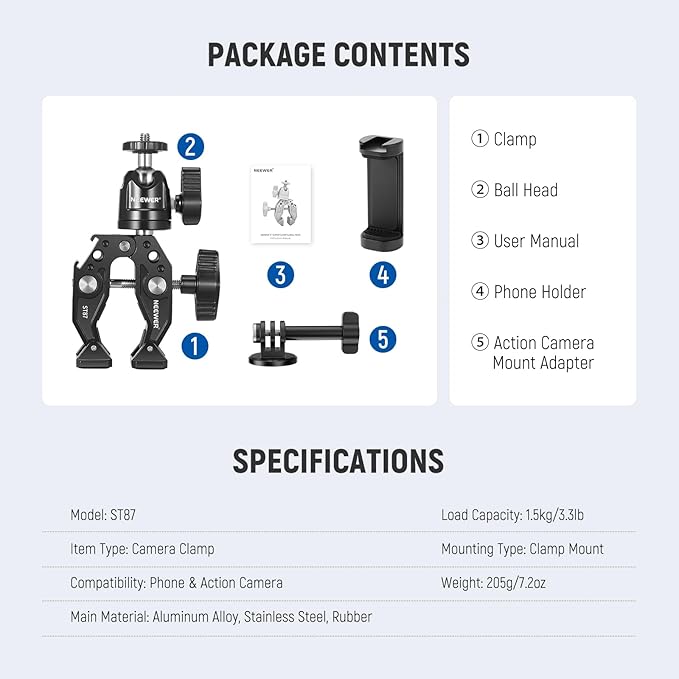Neewer Super Clamp with Ballhead Cold Shoe Phone Holder and Action Camera Mount Adapter for Flat/Round Surface Compatible with GoPro DJI iPhone 15 Pro Max ST87