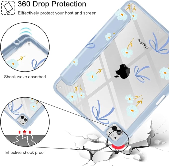 Mektron Case for M5/ M4 iPad Pro 11 inch 2025/2024 with Pencil Holder Compatible Models: A3357/A3358/A3359/A2836/A2837/A3006 Shockproof Cover Clear Shell Blue Bows &amp Flowers