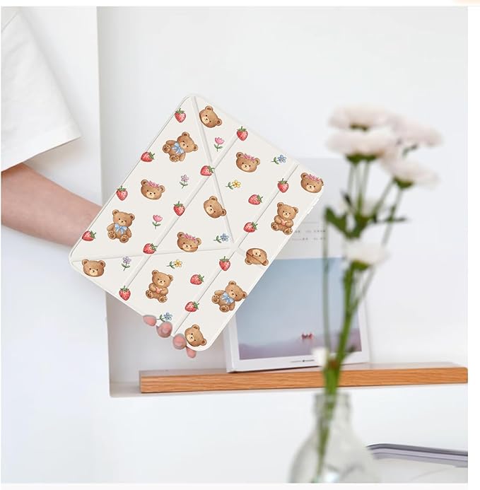 Cute Kawaii Bear Strawberry for iPad (A16) 11th/10th Generation Case 11 Inch/10.9 Inch 2025/2022 with Pencil Holder Auto Sleep/Wake White Leather Acrylic Back Detachable Cover