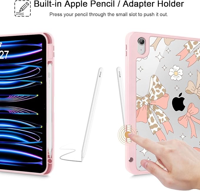 Tuiklol Case for iPad 11 inch (A16 Chip) 2025 Gen 11th / iPad 10.9 inch 2022 10th Gen Buit in Pencil Holder with Shockproof Cover Clear Transparent Back Shell Auto Wake/SleepLeopard Bow Gary