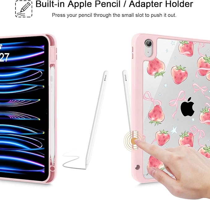May Chen Case for iPad Air 13 Inch M4 2026 M3 2025 M2 2024 [Built-in Pencil Holder] Shockproof Cover with Clear Transparent Back Shell Auto Sleep/Wake Cover Bow Strawberry
