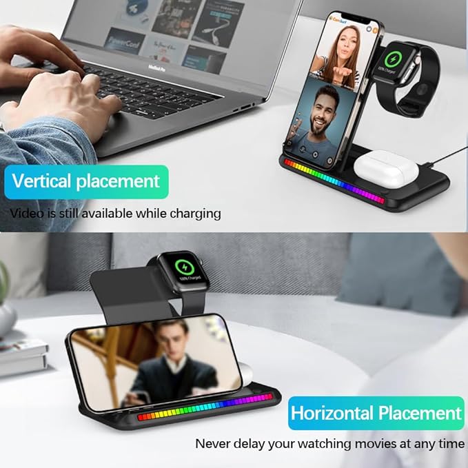 IHAO 3in1 Multifunctional Foldable Wireless Charging Station with LED Ambient Night Light Fast QC3.0 Charger for Phone iWatch Headphone Space-Saving Auto-Shutoff &amp Overcharge Protection-Black