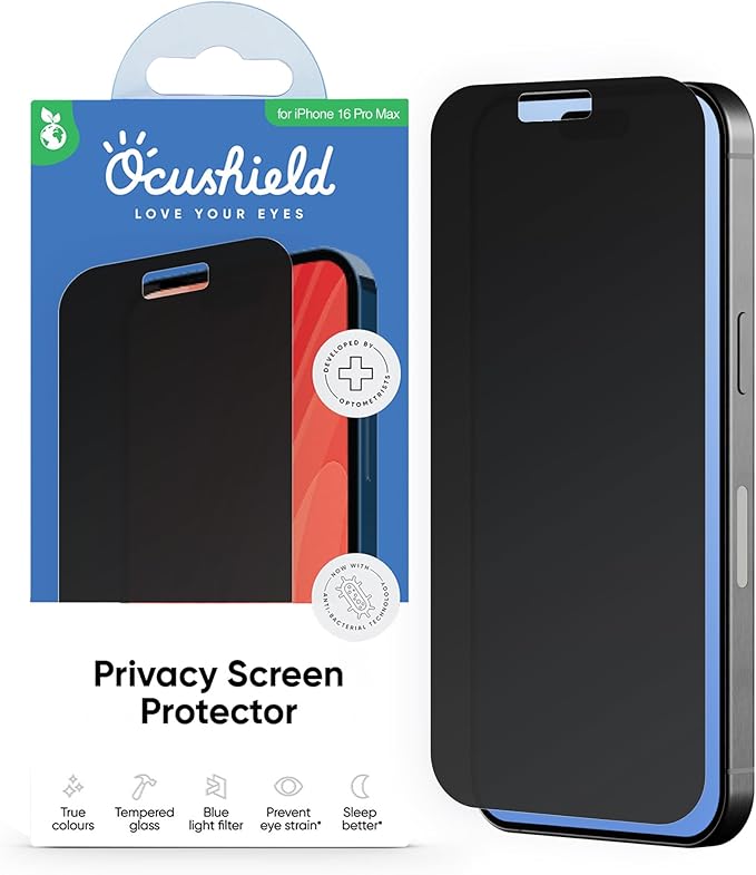 Ocushield Privacy Screen Protector for iPhone 16 Pro Max – Anti-Spy Tempered Glass Blue Light Filter 95% Transparency Bubble-Free Install Scratch-Resistant Case Friendly