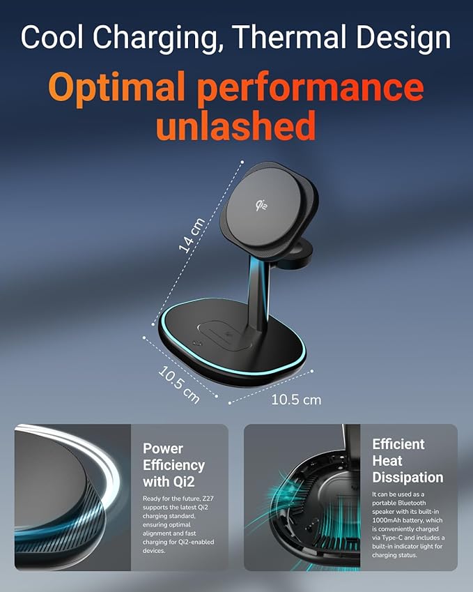 M.A.D Lab Z27 15W MagSafe Compatible 3 in 1 Qi2 Wireless Charging Station Magnetic Charger for iPhone 16/15/14/13/12 AirPods Apple Watch and Android Phones Bedside Dock with LED (No Adapter)