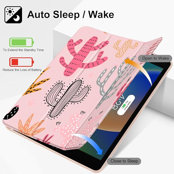 Mektron Designed Printed iPad 10.2 Case 9th Gen (2021)/ 8th Gen (2020)/ 7th Gen (2019) with Pencil Holder Slim Stand Protective Case with Soft TPU Back for iPad 10.2 Inch Colorful Cacti