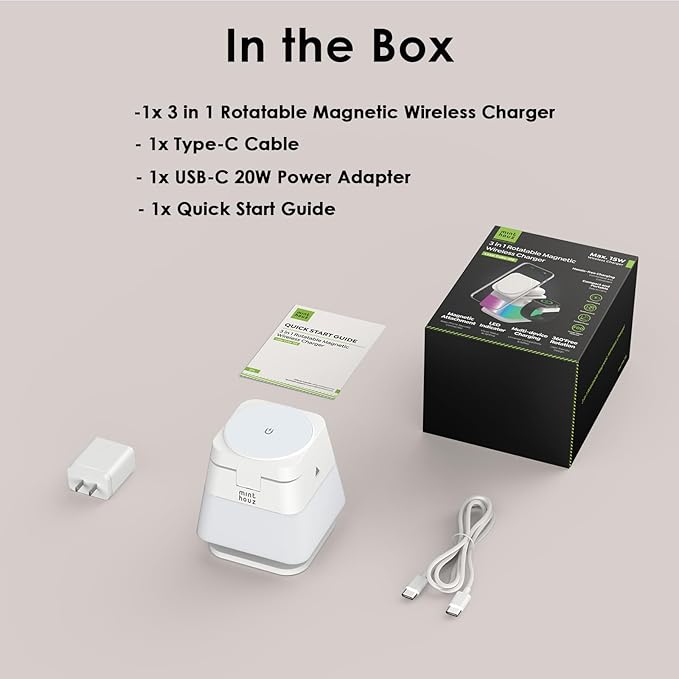 Minthouz 3 in 1 Charging Station for iPhone Wireless Charger for Apple MagSafe Charger with Night Light 360° Rotation Compatible with iPhone 16 15 14 13 12 Pro Apple Watch &amp AirPods Pro 4