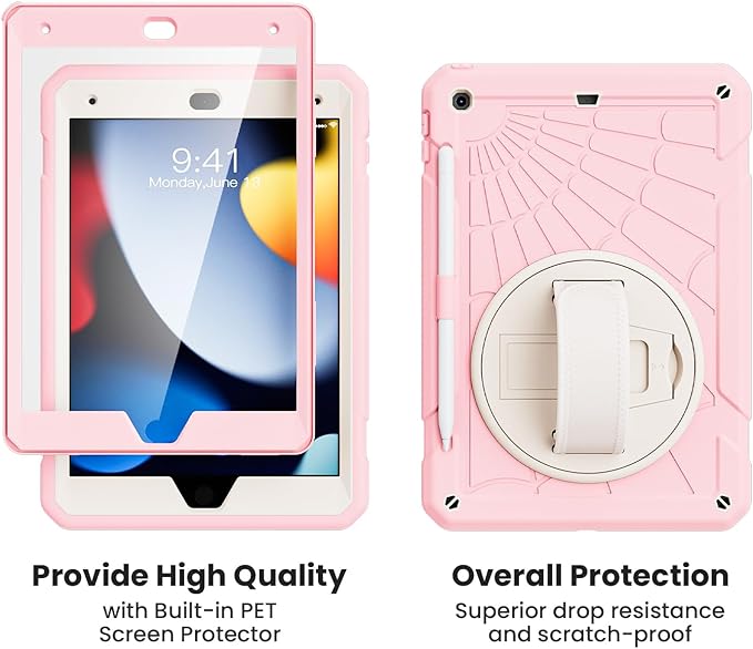 for iPad 9th Generation 2021/ iPad 8th Generation 2020/ iPad 7th Generation 2019 Case with Screen Protector Pencil Holder [360° Rotating Hand Strap] &amp Stand for iPad 10.2 inch (Pink)