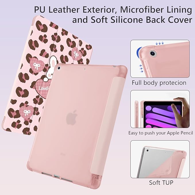 Cute Leopard Print Bunny for iPad Pro 11 Inch Case (M5/M4) 2025/2024 with Pencil Holder Auto Sleep/Wake Pink Leather Soft TPU Back Cover