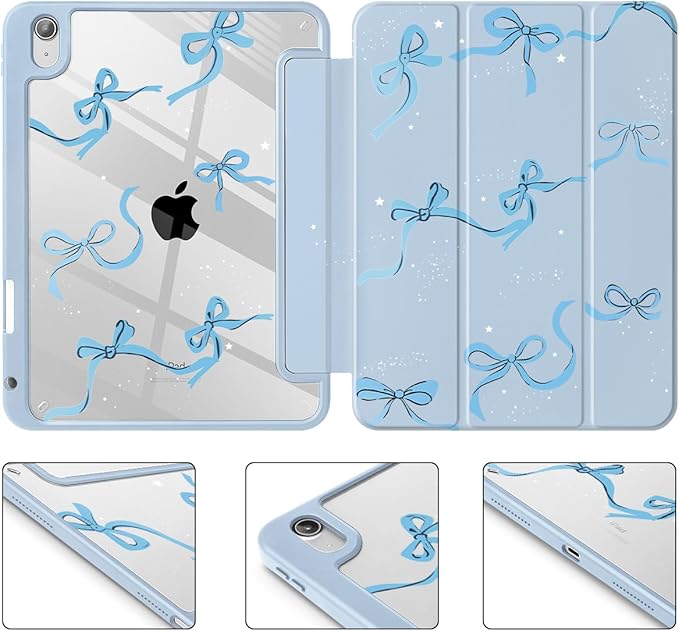 May Chen Case for iPad Air 13 Inch M4 2026 M3 2025 M2 2024 [Built-in Pencil Holder] Shockproof Cover with Clear Transparent Back Shell Auto Sleep/Wake Cover Blue Bows