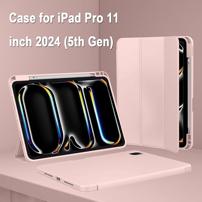 ZryXal iPad Pro 11 Inch Case (M5) 2025/ (M4) 2024 (Model: A2836/A2837/A3006) Trifold Stand Smart Cover with Pencil Holder and Soft TPU Back Auto Wake/Sleep (Rose Pink)