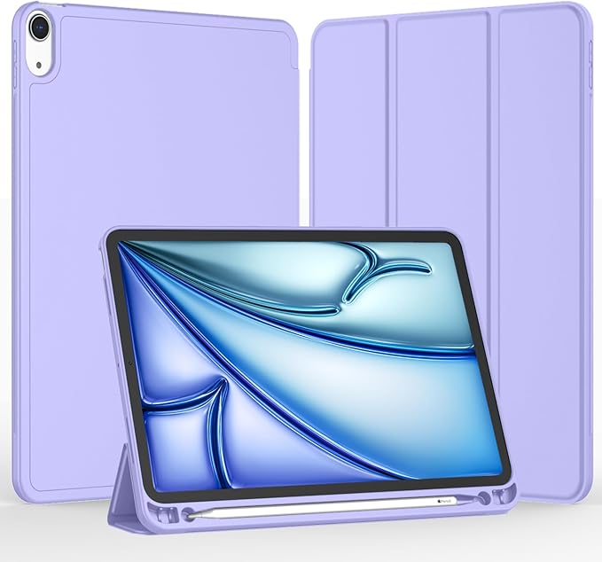 iMieet iPad Air 11 Inch Case M4/M3/M2(2026/2025/2024) iPad Air 5th/4th Generation Case 2022/2020 10.9 Inch with Pencil HolderTrifold Stand Smart Case with Soft TPU Back(Light Purple)