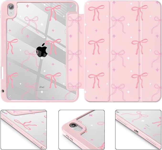 Tuiklol Case for iPad 11 inch (A16 Chip) 2025 Gen 11th / iPad 10.9 inch 2022 10th Gen Buit in Pencil Holder with Shockproof Cover Clear Transparent Back Shell Auto Wake/SleepPink Bows