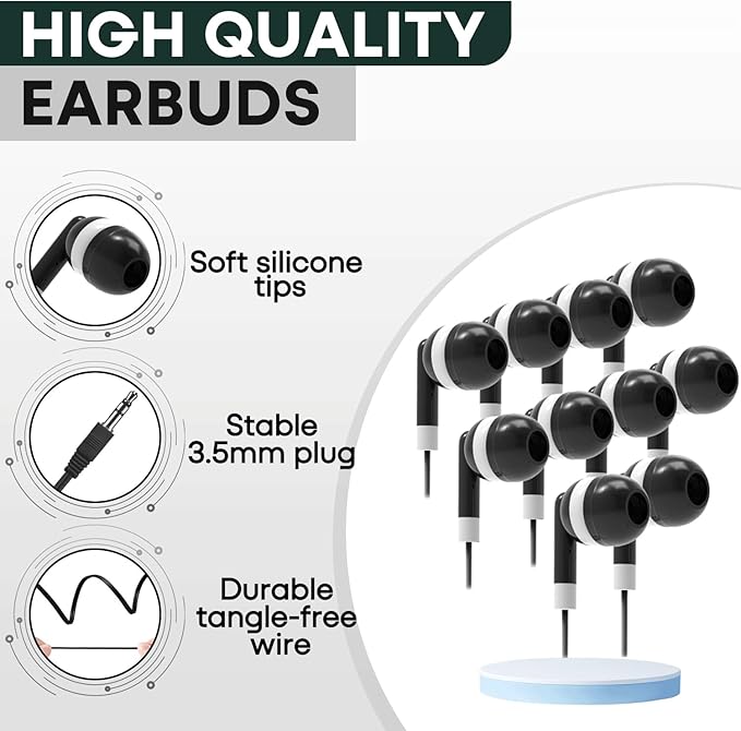 Bulk Earbuds Headphones 100 Pack for Kids School ClassroomBlack Dot in-Ear EarphonesStudent Wired Ear Buds with 3.5 mm Jack for Computer Chromebook Laptop PC(GS01100 Black)