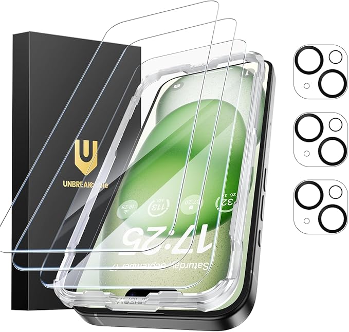 UNBREAKcable iPhone 15 Plus Screen Protector 3-Pack 3 Tempered Glass + 3 Camera Lens Protectors 9H Hardness HD Clarity Anti-Fingerprint Case Friendly 6.7 Inch