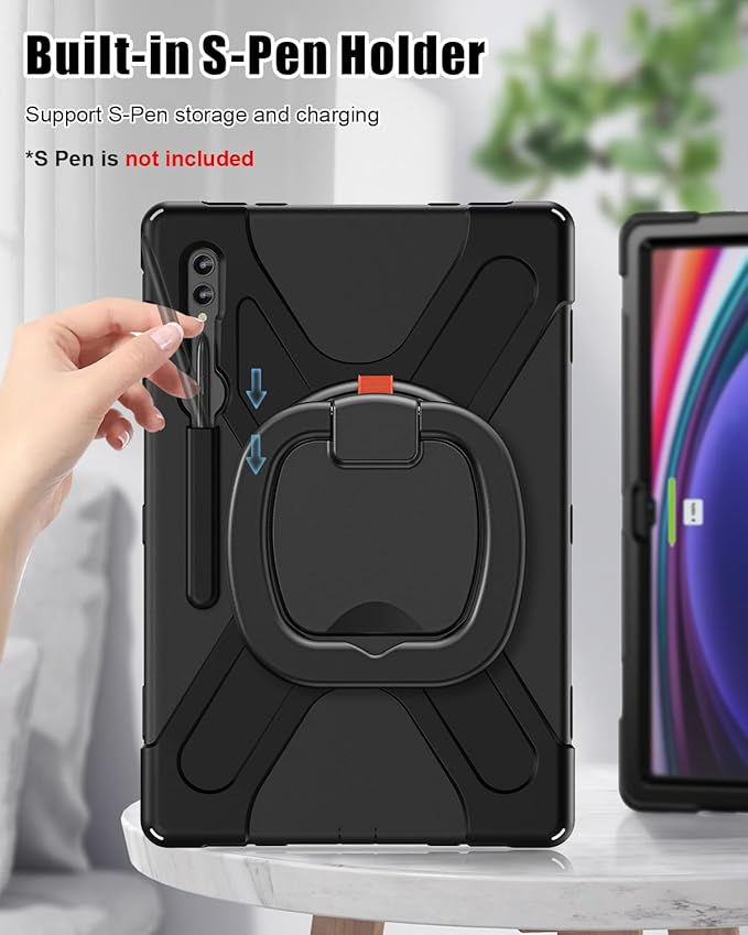 BRAECN Case for Samsung Galaxy Tab S10 Ultra/S9 Ultra/S8 Ultra 14.6” 2024/2023/2022 SM-X920/X926B/X910/X900 Heavy Duty Silicone Cover with S Pen Holder Handle Strip Kickstand Shoulder Strap Black