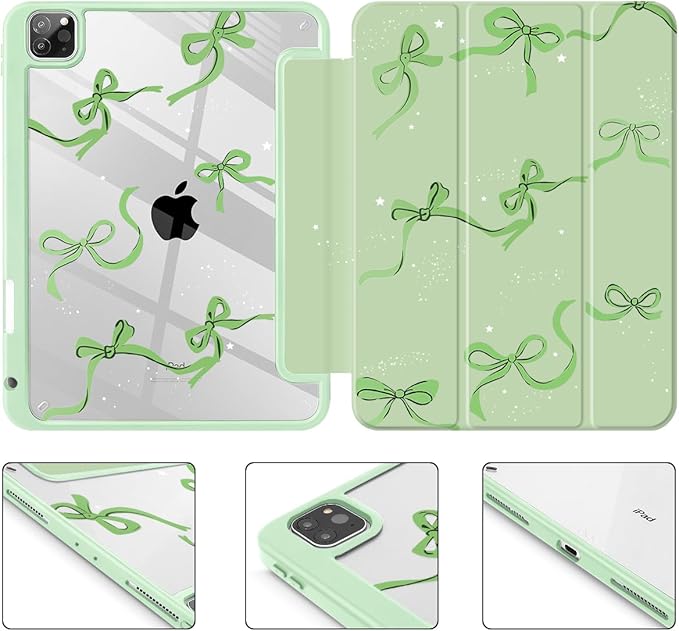May Chen for iPad Pro 11 inch M2 4th Generation 2022 iPad Pro 11 3rd/2nd/1st Gen Case with Transparent Shockproof Back Cover [Built-in Pencil Holder Auto Sleep/Wake Green Bows