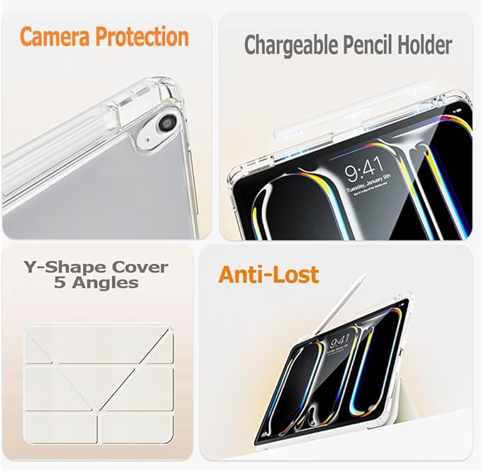Slim Case for iPad Air 11 Inch M4/M3/M2 (2026 8th/2025 7th/2024 6th) 10.9 Inch 5th Gen 2022/4th Generation 2020 with Pencil Holder Multi-Angle Stand Clear Cute Smart Cover Auto Wake-Sleep (Cream)