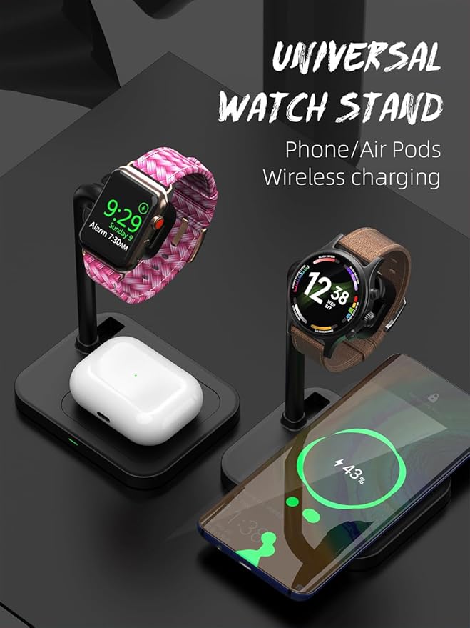 2 in 1 Universal Wireless Charging Dock with Adjustable Smartwatch Stand Compatible with Samsung/Google/Pixel/Fossil/Fitbit/Garmin/Huawei/AMAZTIM/Amazfit/Suunto/xiaomi(2SW-B)