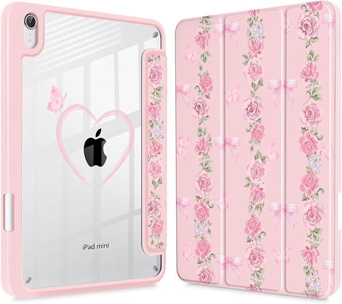 May Chen Slim Case for iPad mini 7 (A17 Pro 7th Generation) 2024 / iPad mini 6 (6th Gen) 8.3 Inch [Built-in Pencil Holder] Shockproof Cover Clear Clear Back Shell Auto Wake/Sleep Bow &amp Rose Flo