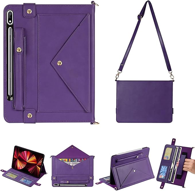 Tablet Carrying Shoulder Bag Case for Samsung Galaxy Tab S8+ Plus/S7+ Plus/ S7 FE 12.4 Retro PU Leather Hand Strap Crossbody Shoulder Strap Cards Holder Pocket S Pen Holder Stand CoverPurple