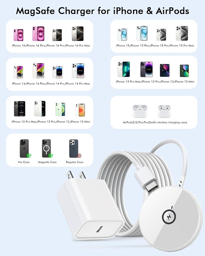 [Apple MFi Certified]iPhone Magnetic Charger6FT 2Pack Apple Wireless Charger Pad 15W Mag Safe Fast Charging iPhone Flat for iPhoneAir/17 Pro Max/16 Pro Max/15Pro/14/13/12 SeriesAirPods3/2/Pro3/Pro 2