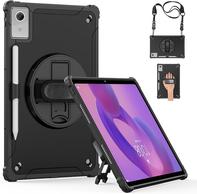 Junfire Protective Case for Lenovo Idea Tab Plus 12.1 inch 2025/Tab K12 Shockproof Hard Shell Idea Tab Plus Case with 360°Rotating Kickstand/Hand Strap/Shoulder Strap/Stylus Holder-Black