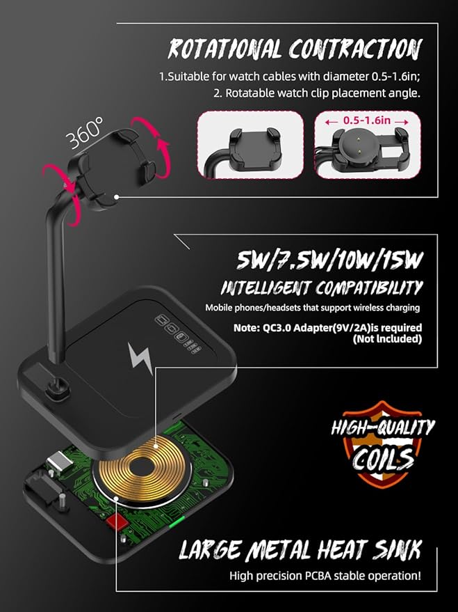 2 in 1 Universal Wireless Charging Dock with Adjustable Smartwatch Stand Compatible with Samsung/Google/Pixel/Fossil/Fitbit/Garmin/Huawei/AMAZTIM/Amazfit/Suunto/xiaomi(2SW-B)