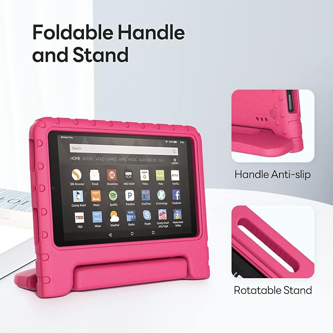 Kids Case for Kindle Fire HD 8 Tablet 8th/7th/6th Generation (2018/2017/2016 Release) Soft Flexible Lightweight Shockproof Durable with Handle Stand Rose