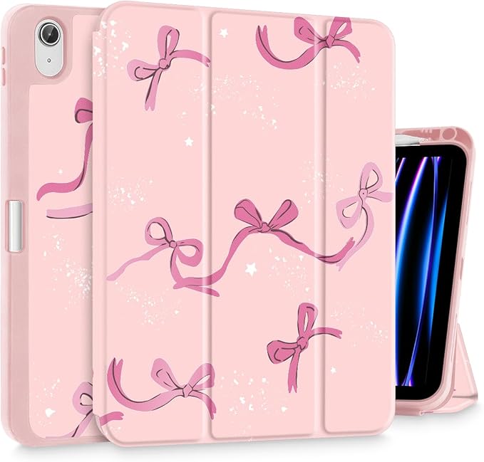 Tuiklol Case for iPad 10.2 Inch 2021 2020 2018 Release 9th / 8th / 7th Generation Built-in Pencil Holder TPU Protective Stand Back Cover Trifold Stand-Auto Wake/Sleep Bow-Pink