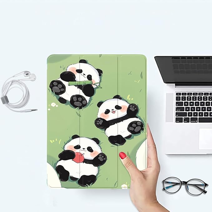 JOYLAND Cute Panda Pattern Case for iPad 9th/8th/7th Generation 10.2 Inch (2021/2020/2019 Release) Pencil Holder &amp Clear Transparent Soft TPU Back &amp Trifold Smart Pad Green Cover