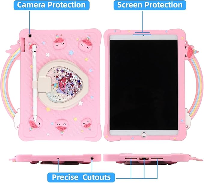 [Super Cute Rainbow Unicorn Case] Kids Case for iPad 10.2 Inch 2021/2020 9th/8th Generation &amp 2019 iPad 7th Generation Case Cover for Kids Girls with Hand Strap and 360° Rotating Stand - Pink