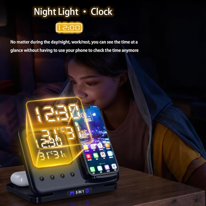IHAO 5in1 Multi Functional Wireless Charger with Digital Clock 15W Fast Charge Night Light Temperature Display MagSafe Compliant for iPhone iWatch and Qi Headphone-DH13 Black