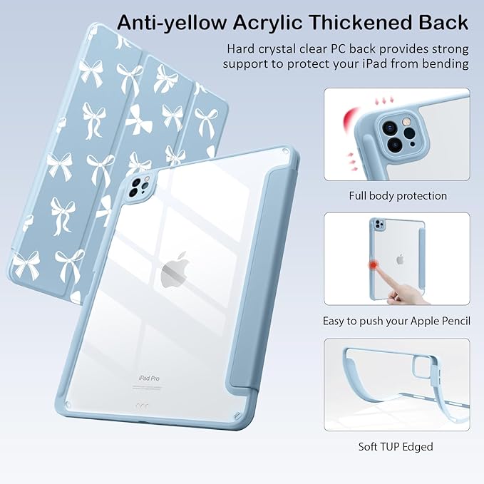 Cute Kawaii White Bow for iPad Pro 13 Inch Case (M5/M4) 2025/2024 with Pencil Holder Auto Sleep/Wake Blue Leather Clear Acrylic Back Cover